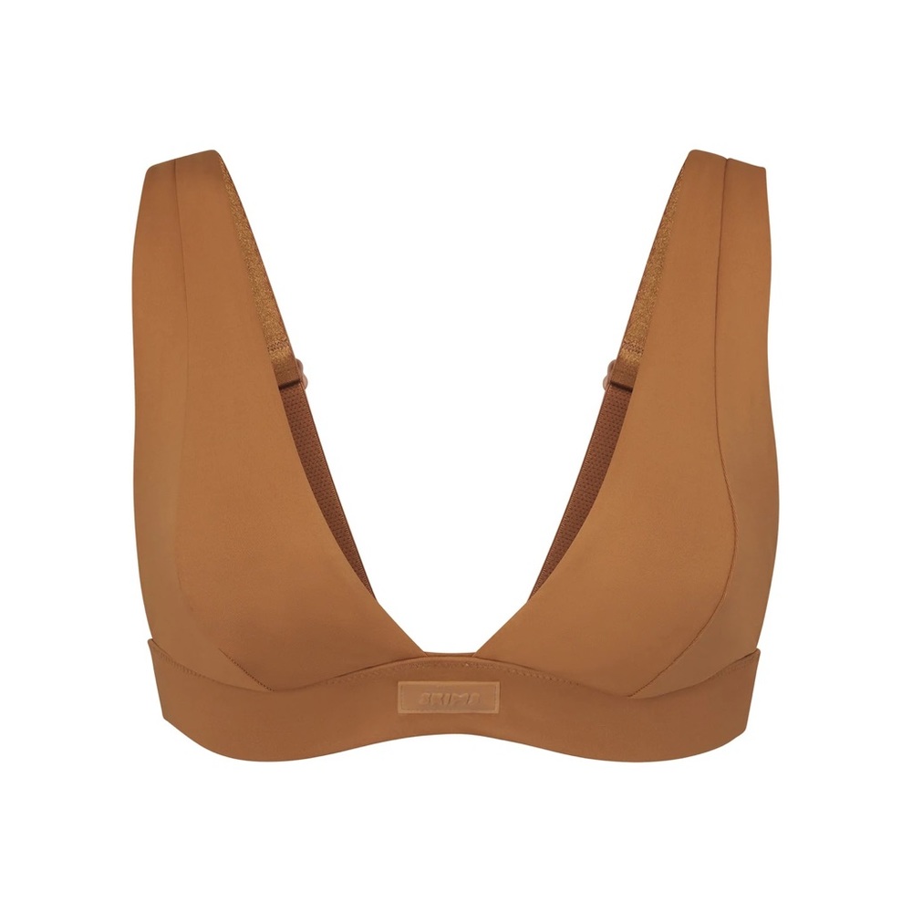 SKIMS Swim Set- Plunge Bikini Top & Mid Waist Shorts in Almond. Size Large.
